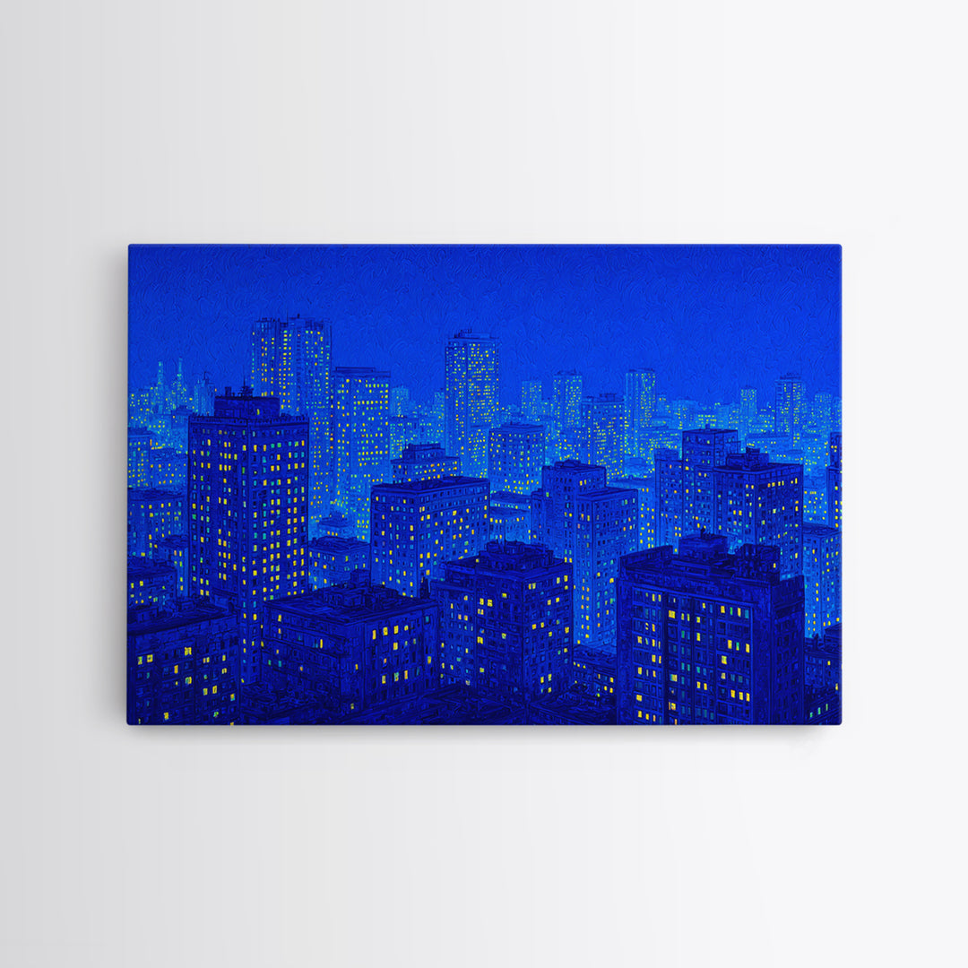 Electric Blue Cityscape Wall Art, Urban Skyline Canvas Print, Modern Art Poster, Living Room Decor, Home Office Art, Blue Art