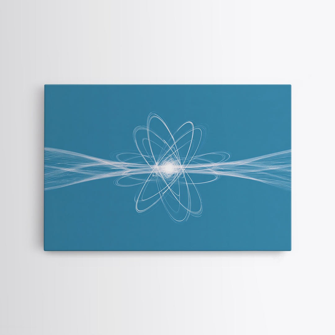 White Atom Energy Lines Canvas Print, Blue Scientific Abstract Art, Modern Wall Decor, Office Decor, Minimalist Art Print