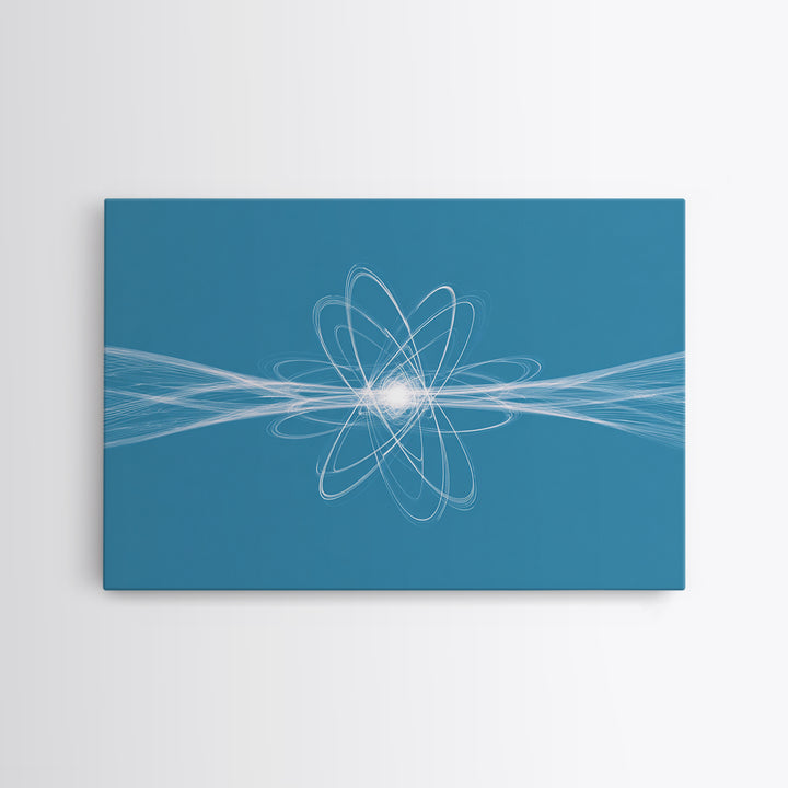 White Atom Energy Lines Canvas Print, Blue Scientific Abstract Art, Modern Wall Decor, Office Decor, Minimalist Art Print