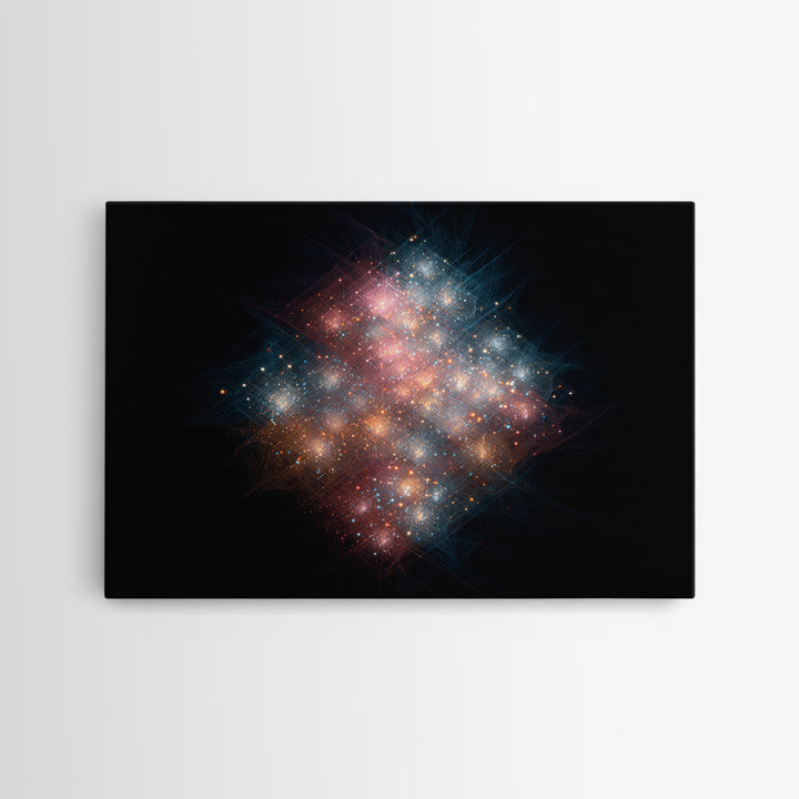 Glowing Cosmic Nebula Particle Cluster Framed Canvas Print, Space Abstract Art, Modern Wall Art, Galaxy Decor, Statement Piece