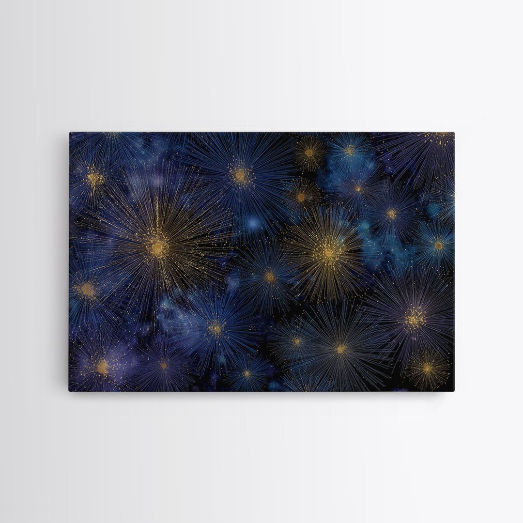 Blue Gold Cosmic Starburst Fireworks Canvas Print, Modern Abstract Art, Space Wall Art, Dark Navy Office Decor, Giclee Print