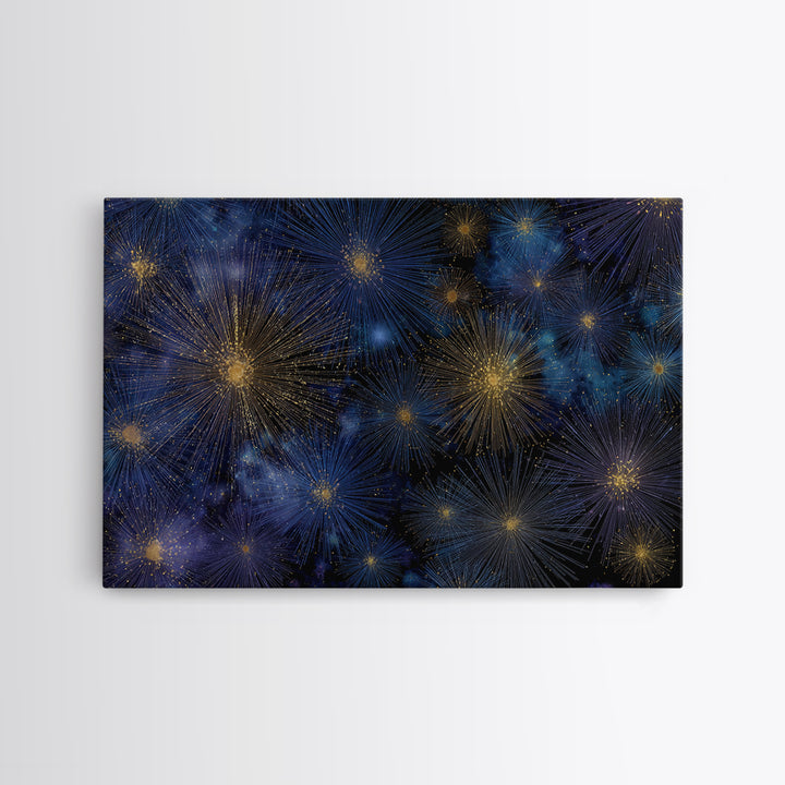 Blue Gold Cosmic Starburst Fireworks Canvas Print, Modern Abstract Art, Space Wall Art, Dark Navy Office Decor, Giclee Print