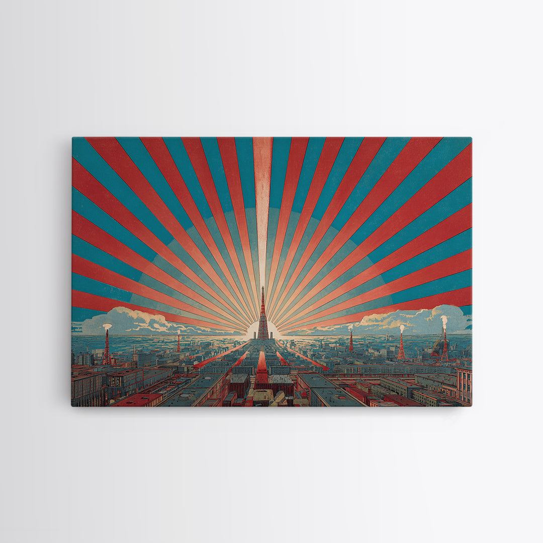 Retro City Skyline Sunburst Wall Art, Art Deco Poster, Midcentury Modern Wall Decor, Teal Red Architectural Print, Living Room Decor