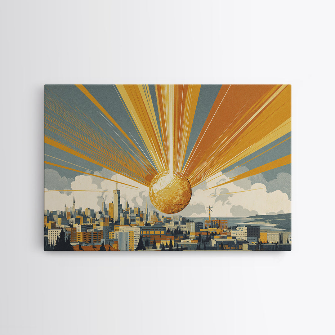 Golden Sphere Over Retro City Skyline Framed Canvas Print, Sunburst Wall Art, Midcentury Modern Decor, Futuristic Poster