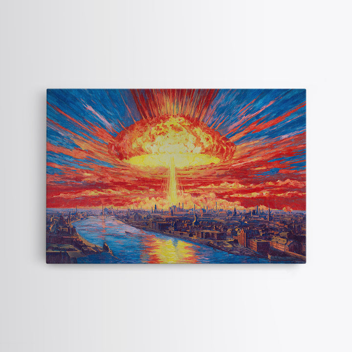 Apocalyptic Sunburst City Skyline Over River Wall Art, Sci Fi Retro Poster, Dramatic Modern Art Print For Living Room Decor