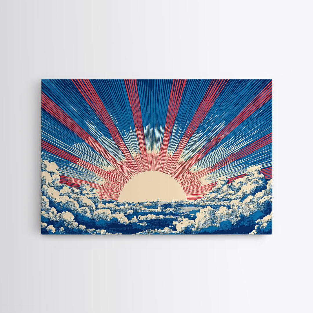 Radiant Sun Above Cloud Sea Canvas Print, Midcentury Modern Art, Retro Sun Poster, Blue Red Rays For Bedroom Wall Decor Prints
