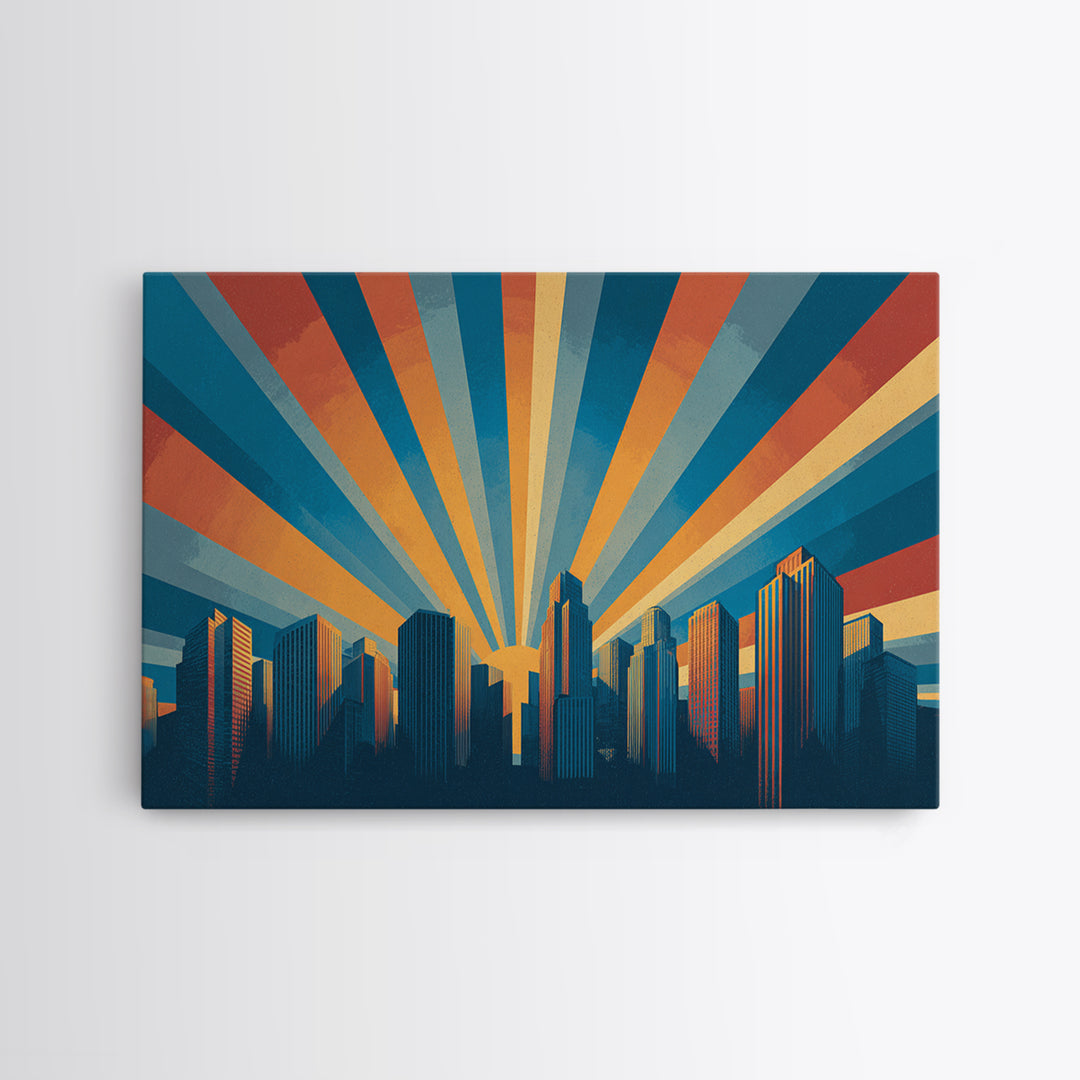Retro City Skyline Sunrise Rays Wall Art, Midcentury Modern Poster, Urban Modern Art Print For Office And Living Room Decor