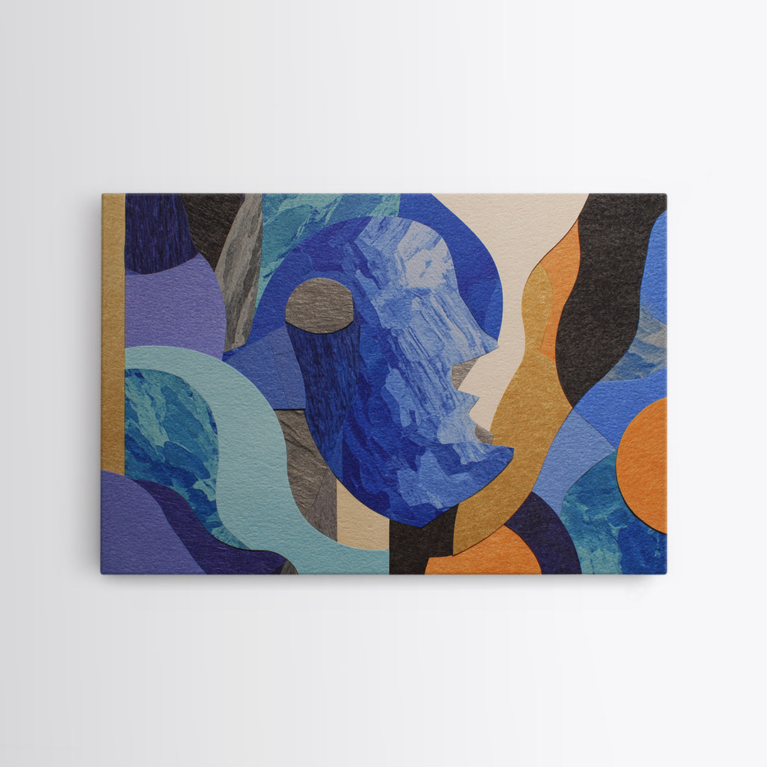 Cubist Blue Profile Face Abstract Wall Art, Modern Contemporary Collage Print, Geometric MCM Artwork For Bedroom Decor Gift