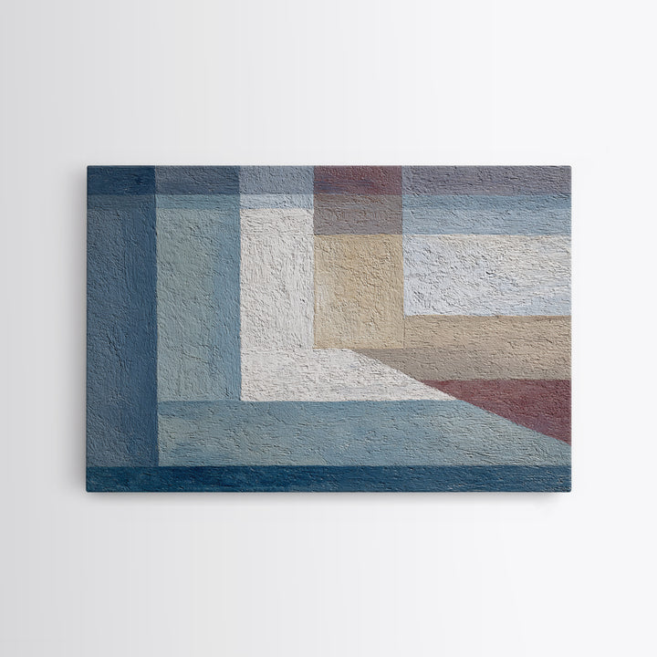 Muted Blue Beige Geometric Blocks Framed Canvas Print, Minimalist Modern Abstract Art, Neutral Wall Decor For Living Room