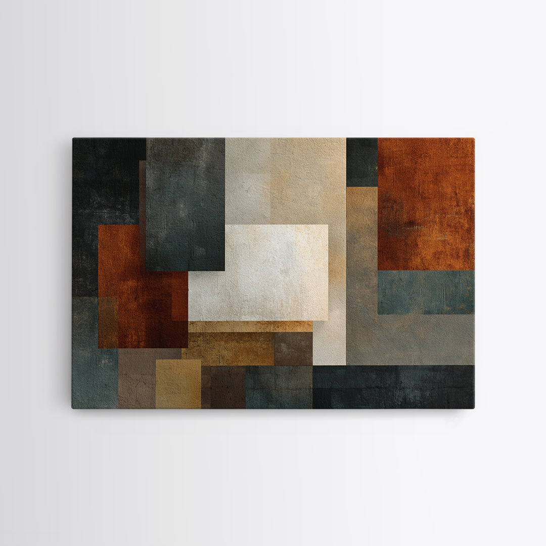Textured Geometric Blocks In Rust Blue And Cream Wall Art, Midcentury Modern Abstract Art Print, MCM Living Room Decor Gift