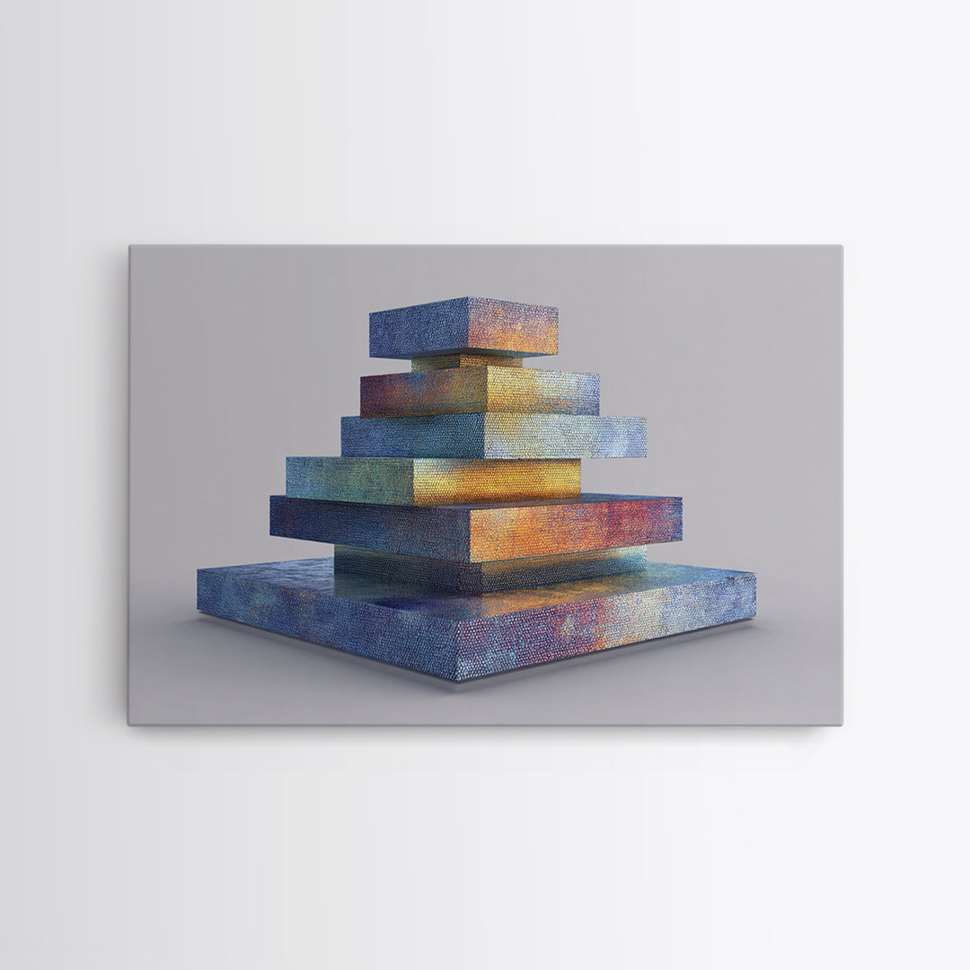 Stacked Iridescent Geometric Sculpture Canvas Print, Modern Abstract Art, Midcentury Decor, Colorful MCM Statement Piece