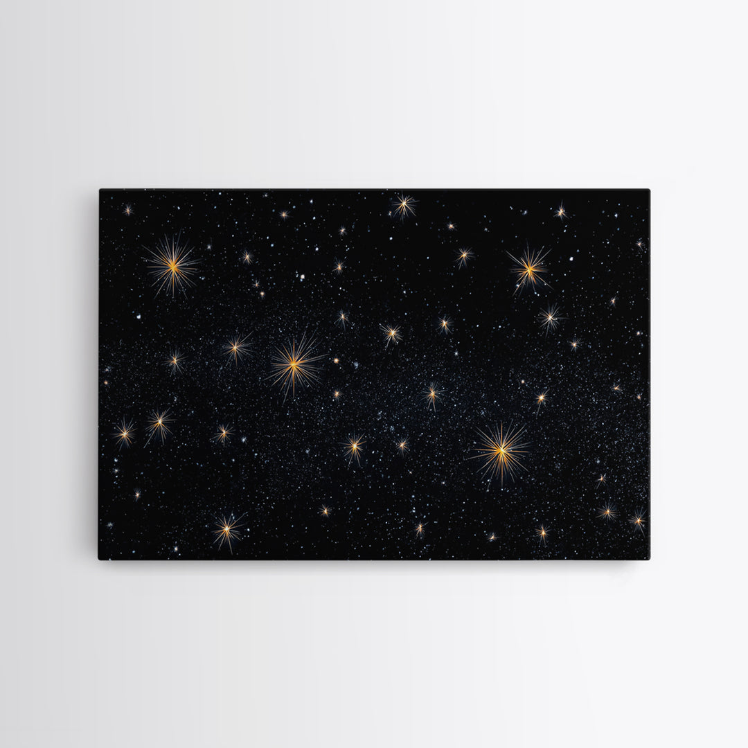 Black Night Sky With Golden Starbursts Wall Art, Cosmic Retro Art Print, Space Abstract Art, Modern Wall Decor, Bedroom Art Prints