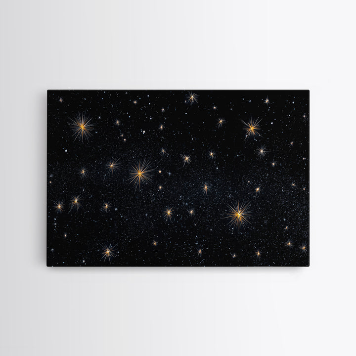Black Night Sky With Golden Starbursts Wall Art, Cosmic Retro Art Print, Space Abstract Art, Modern Wall Decor, Bedroom Art Prints