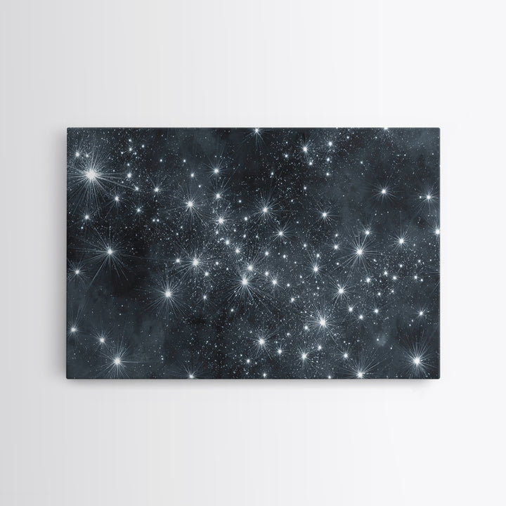 Monochrome Silver Starry Night Wall Art, Black White Space Abstract Art Print, Modern Wall Decor, Moody Bedroom Art Poster