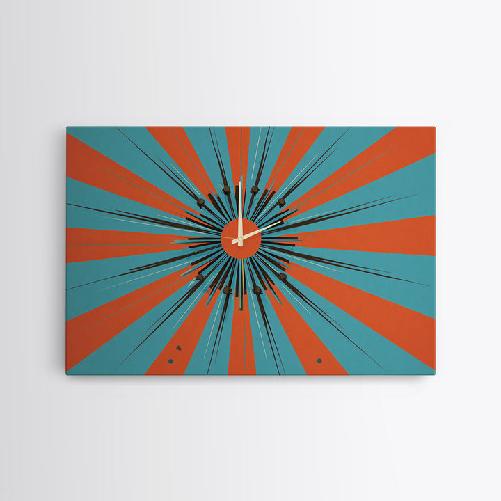 Orange Teal Atomic Starburst Framed Canvas Print, Midcentury Modern Wall Art, Retro Geometric Poster, MCM Decor, Living Room Art
