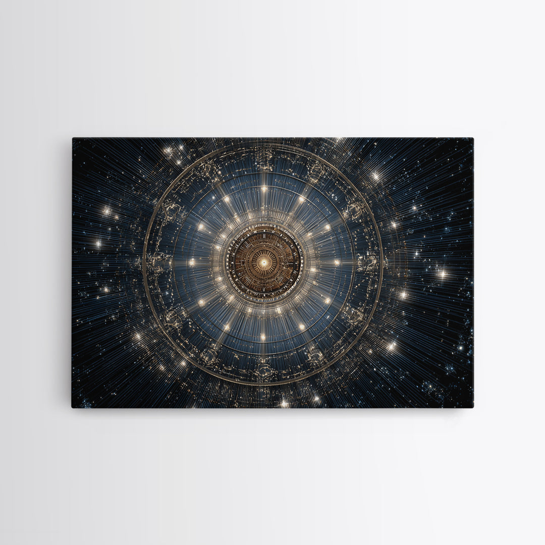 Golden Celestial Mechanical Mandala Wall Art, Cosmic Geometric Art Print, Modern Abstract Space Decor, Statement Poster Gift