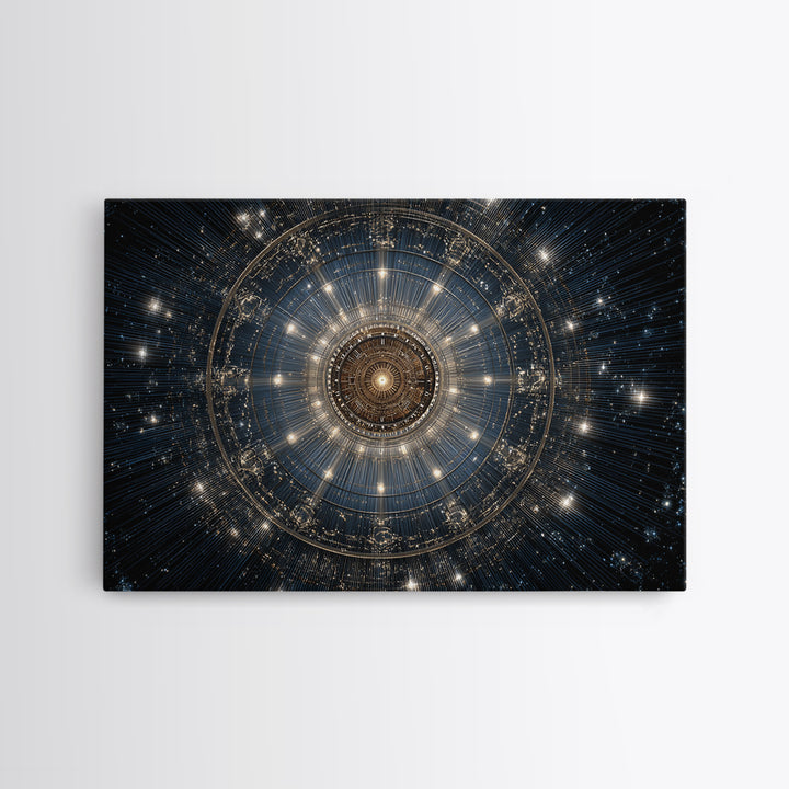 Golden Celestial Mechanical Mandala Wall Art, Cosmic Geometric Art Print, Modern Abstract Space Decor, Statement Poster Gift