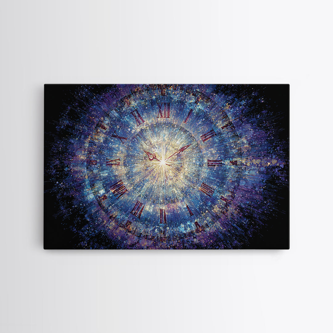Exploding Cosmic Clock With Roman Numerals Canvas Print, Blue Space Abstract Art, Modern Wall Art, Celestial Time Decor Poster