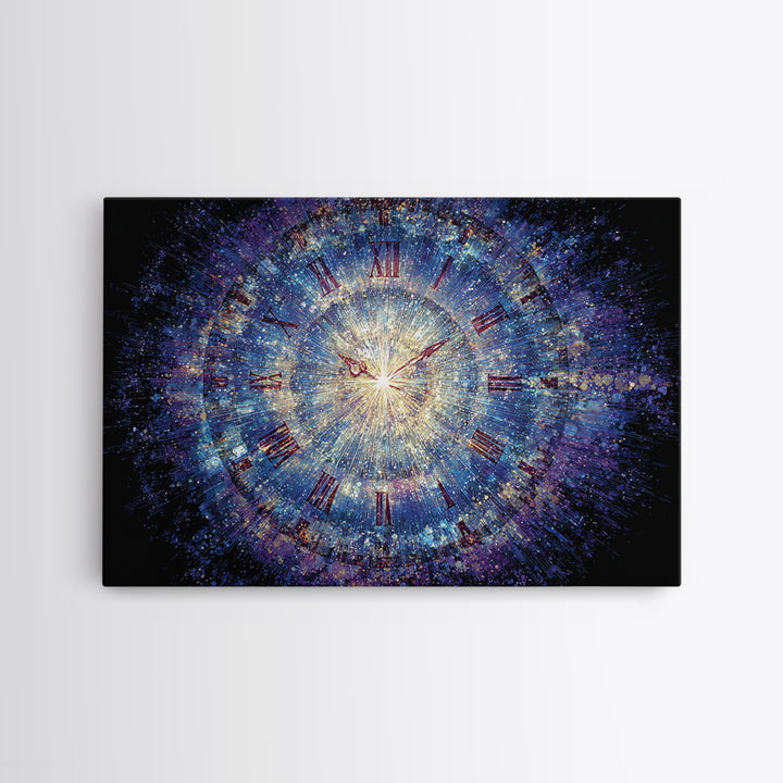 Exploding Cosmic Clock With Roman Numerals Canvas Print, Blue Space Abstract Art, Modern Wall Art, Celestial Time Decor Poster