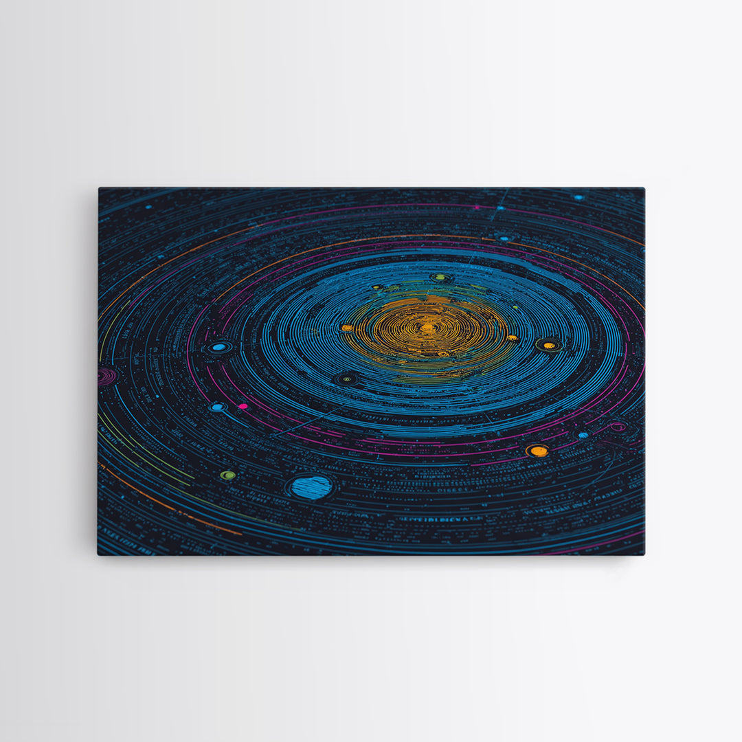 Blue Solar System Canvas Print, Planetary Orbit Chart Wall Art, Modern Digital Art, Sci Fi Wall Decor, Astronomy Poster Gift