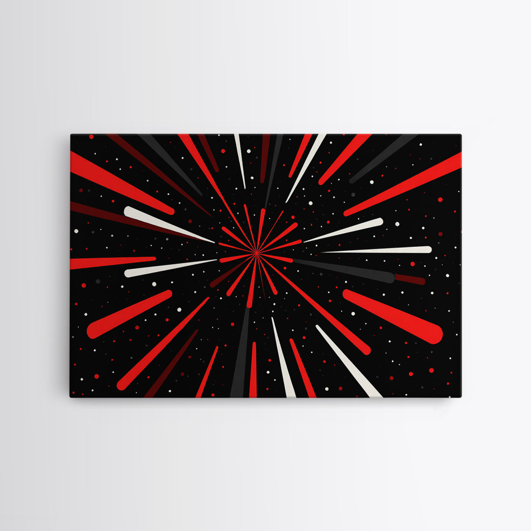 Red Warp Speed Starburst Canvas Print, Sci Fi Wall Art, Retro Wall Decor, Modern Abstract Art, Black Space Poster Gift For Him