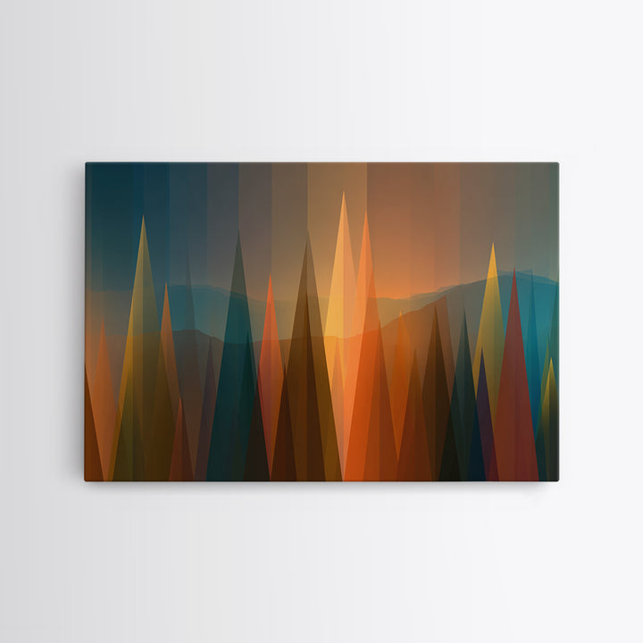 Abstract Sunset Forest Spires Wall Art, Midcentury Modern Canvas Print, Geometric Landscape, Office Decor, MCM Wall Art Print