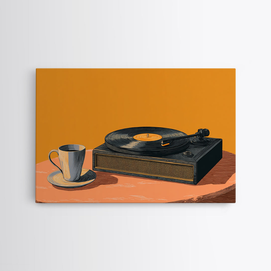 Retro Record Player With Coffee Canvas Print, Midcentury Modern Music Poster, Vinyl Turntable Wall Art, Orange Home Decor