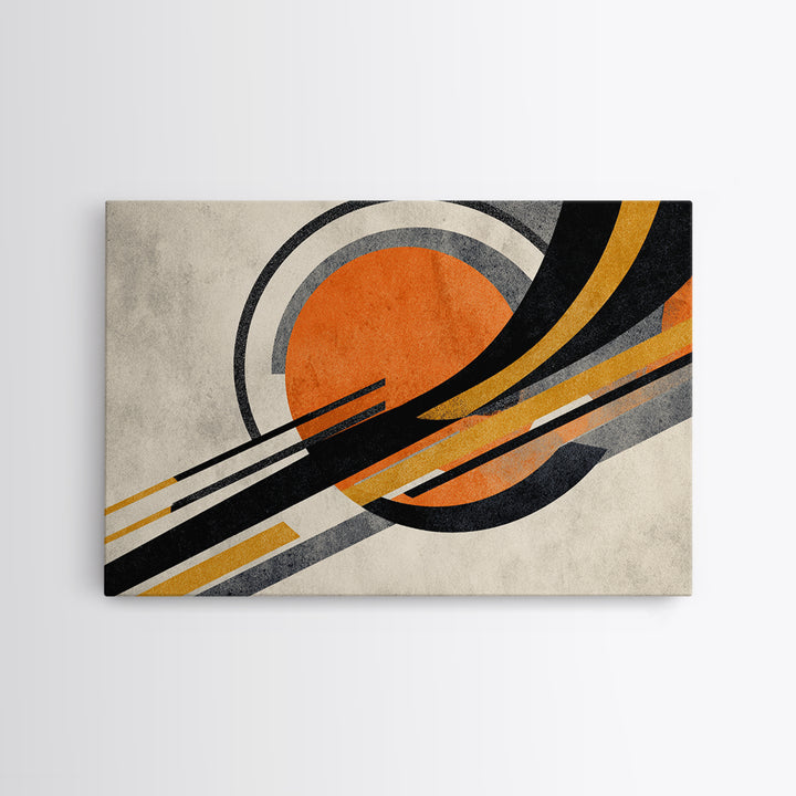 Orange Sun And Sweeping Black Arcs Wall Art, Midcentury Modern Abstract Geometric Print, Atomic Retro MCM Living Room Decor
