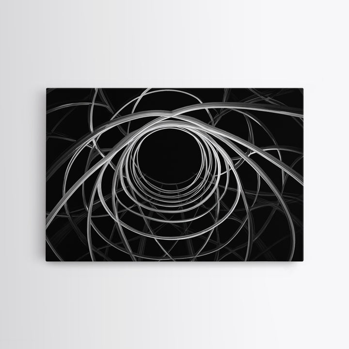 Black And White Orbital Vortex Wall Art, Modern Abstract Line Print, Monochrome Geometric Op Art For Statement Office Decor