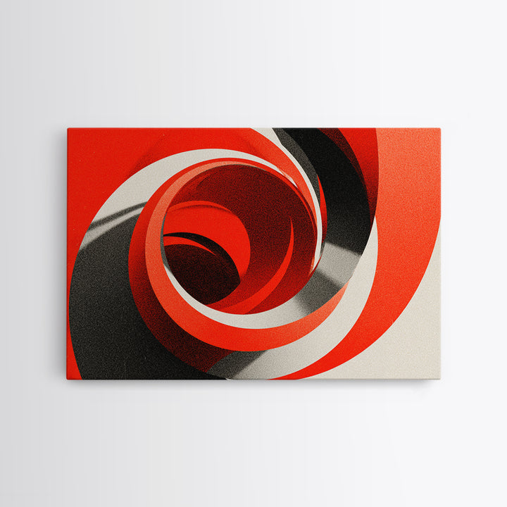 Red Spiral Vortex And Black Curves Canvas Print, Bold Modern Abstract Op Art Poster, Retro Geometric Statement Wall Decor