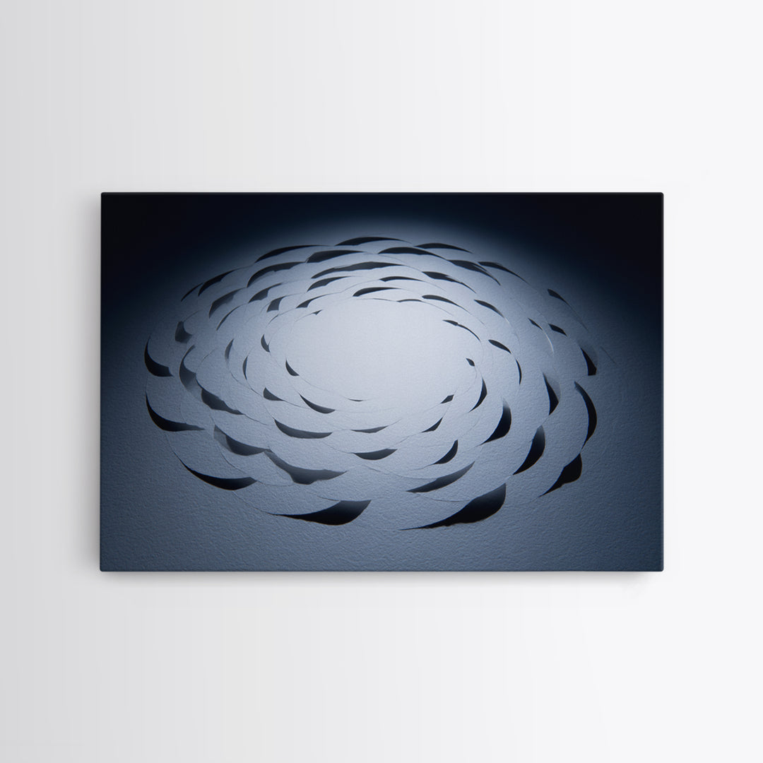 White Paper Cut Spiral Flower Canvas Print, Minimalist Modern Abstract Wall Decor, Blue Black Sculptural Textile Statement Art