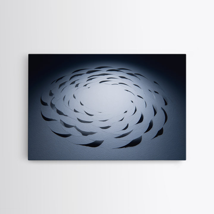 White Paper Cut Spiral Flower Canvas Print, Minimalist Modern Abstract Wall Decor, Blue Black Sculptural Textile Statement Art