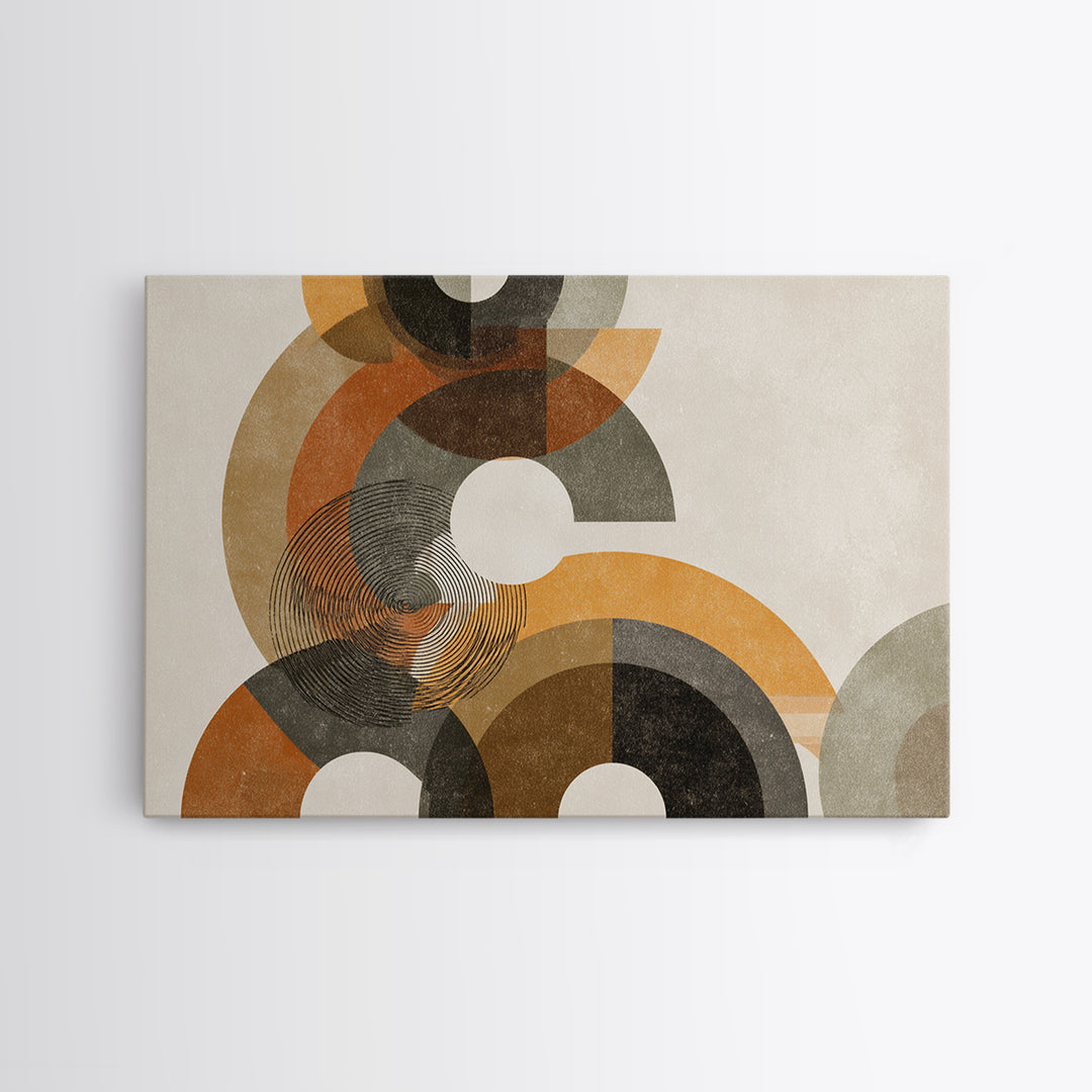Earthy Orange Black And Beige Circles Framed Canvas Print, Midcentury Modern Abstract Geometric Wall Decor, Retro MCM Art
