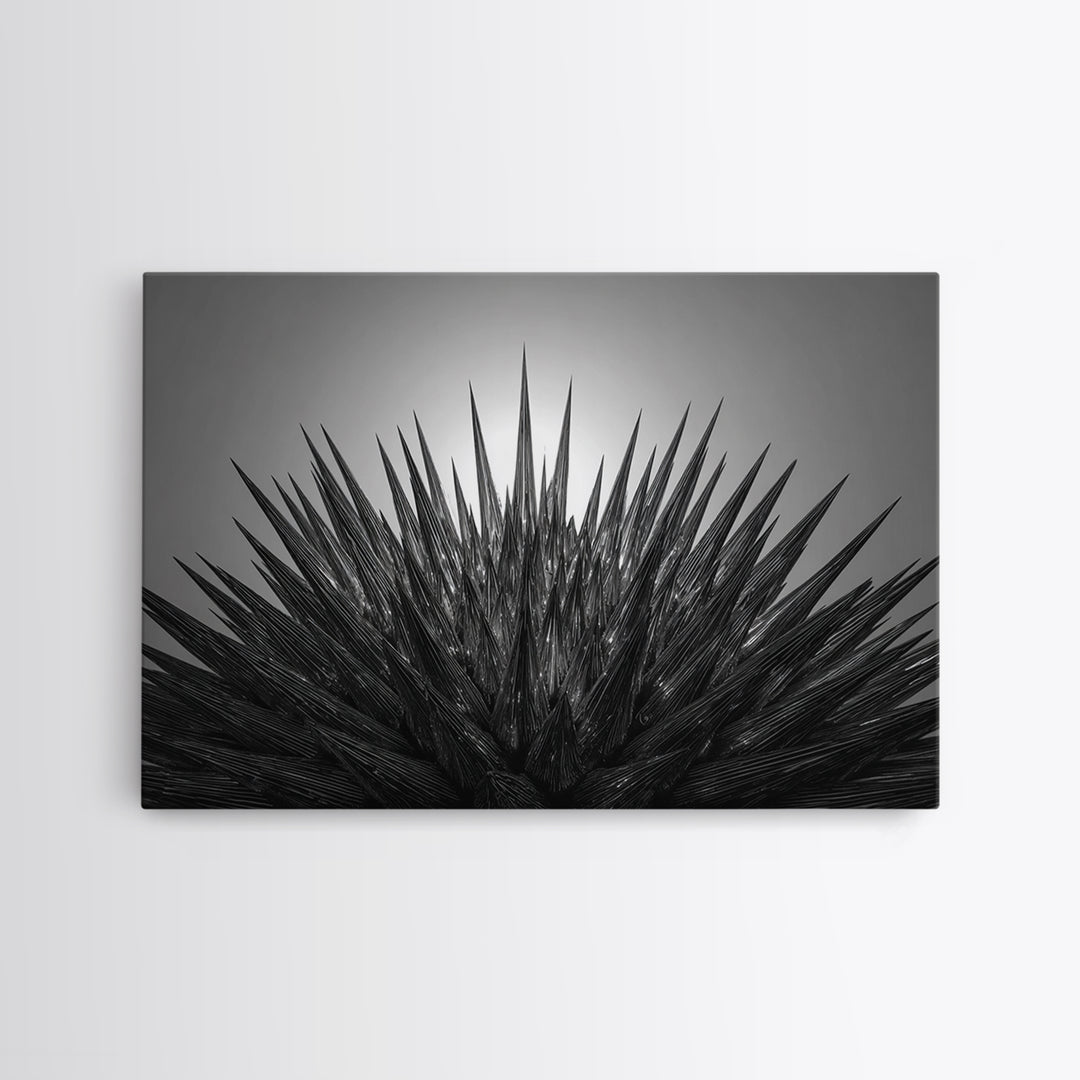 Black Spiky Radial Feather Abstract Wall Art, Monochrome Modern Nature Print, Dramatic Geometric Statement Office Decor