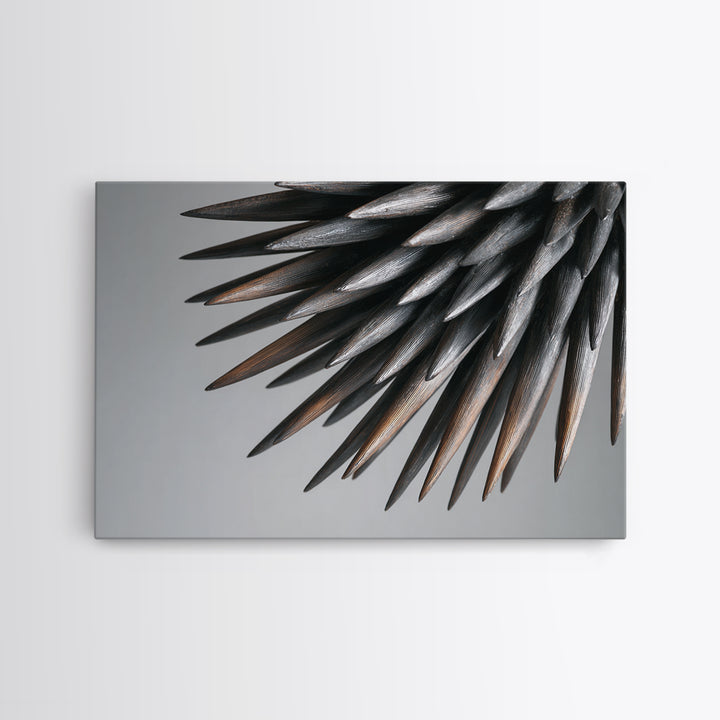 Metallic Black Spines Close Up Canvas Print, Modern Abstract Nature Office Wall Decor, Minimalist Monochrome Statement Art