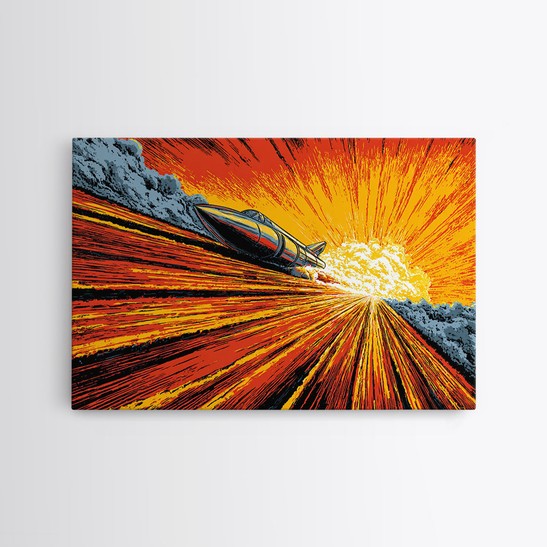 Retro Rocket Speeding Into Solar Burst Wall Art, Sci Fi Space Poster, Atomic Mid Century Modern Decor, Orange Comic Print