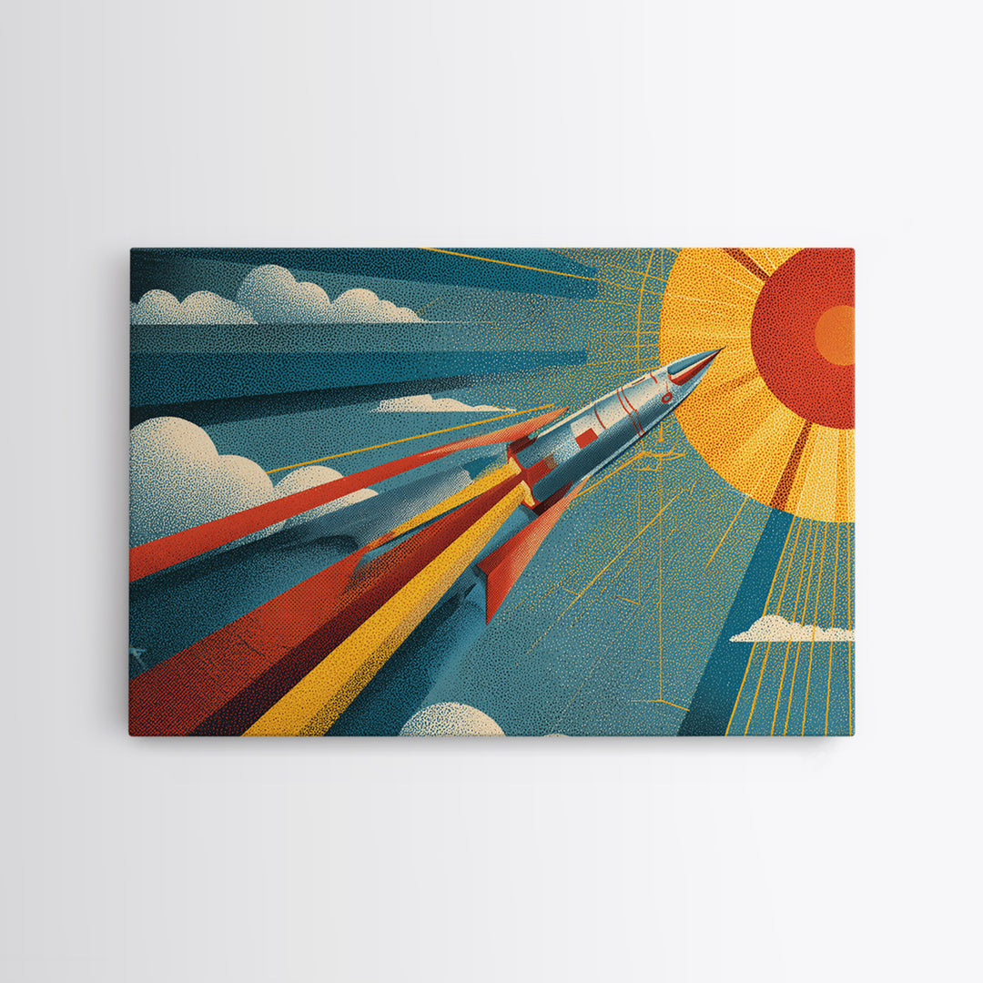 Sleek Rocket Flying Toward Sun Canvas Print, Retro Futurist Space Wall Decor, Mid Century Modern Art, Atomic Sci Fi Poster