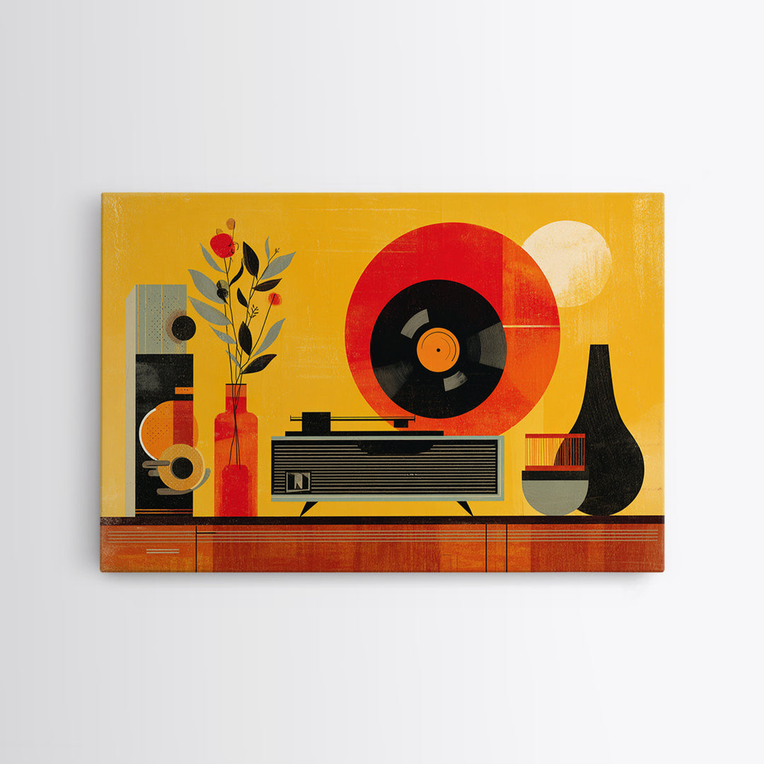 Bold Yellow Stereo And Red Vinyl, Mid Century Modern Canvas Print, Retro Music Room Wall Decor, MCM Record Player Poster