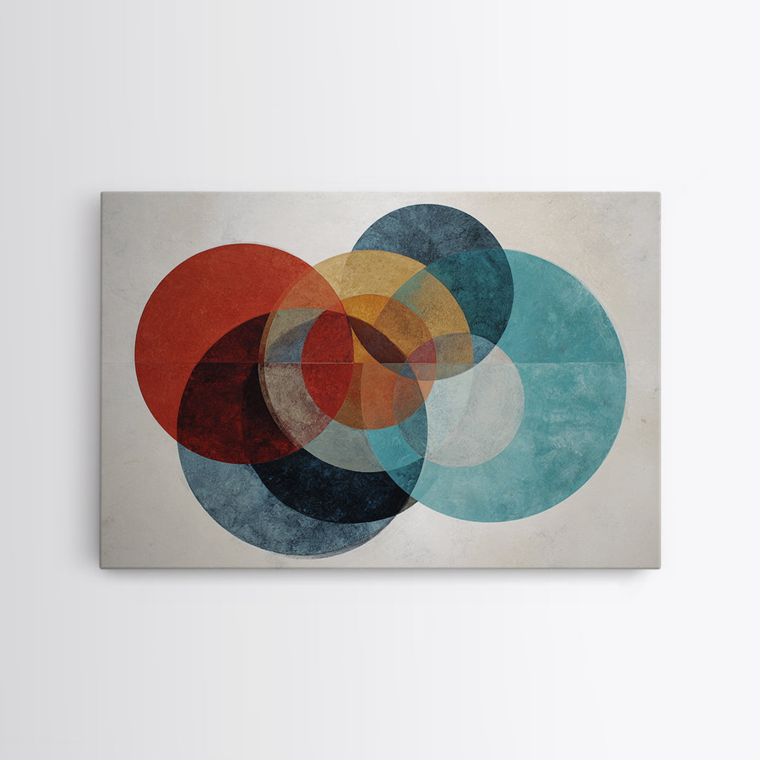 Textured Overlapping Circles Wall Art, Red Teal Mustard Abstract Print, Mid Century Modern Decor, Geometric Living Room Poster