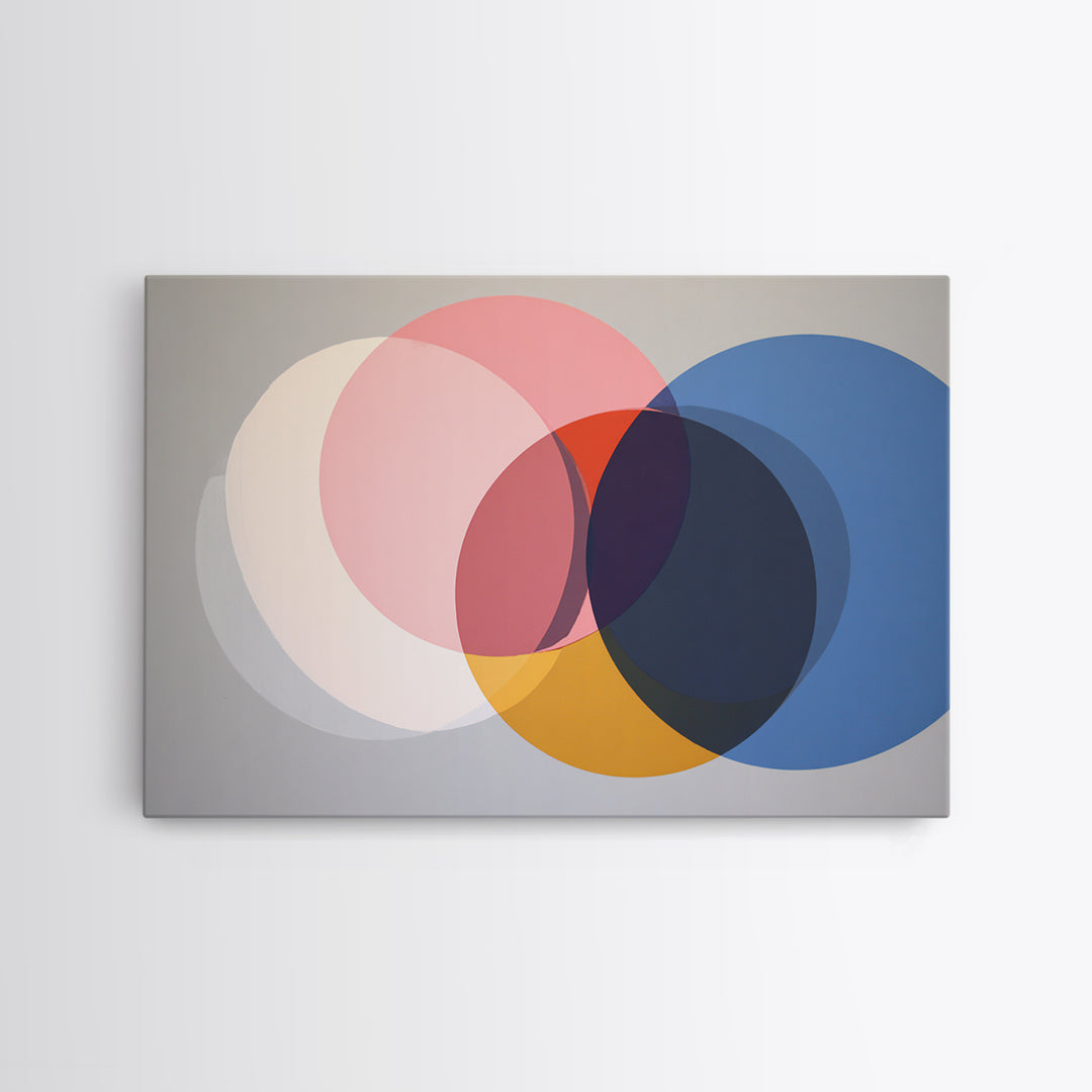 Soft Pink Cream Blue And Orange Circles Canvas Print, Midcentury Modern Geometric Abstract Wall Decor For Living Room Home Decor Poster