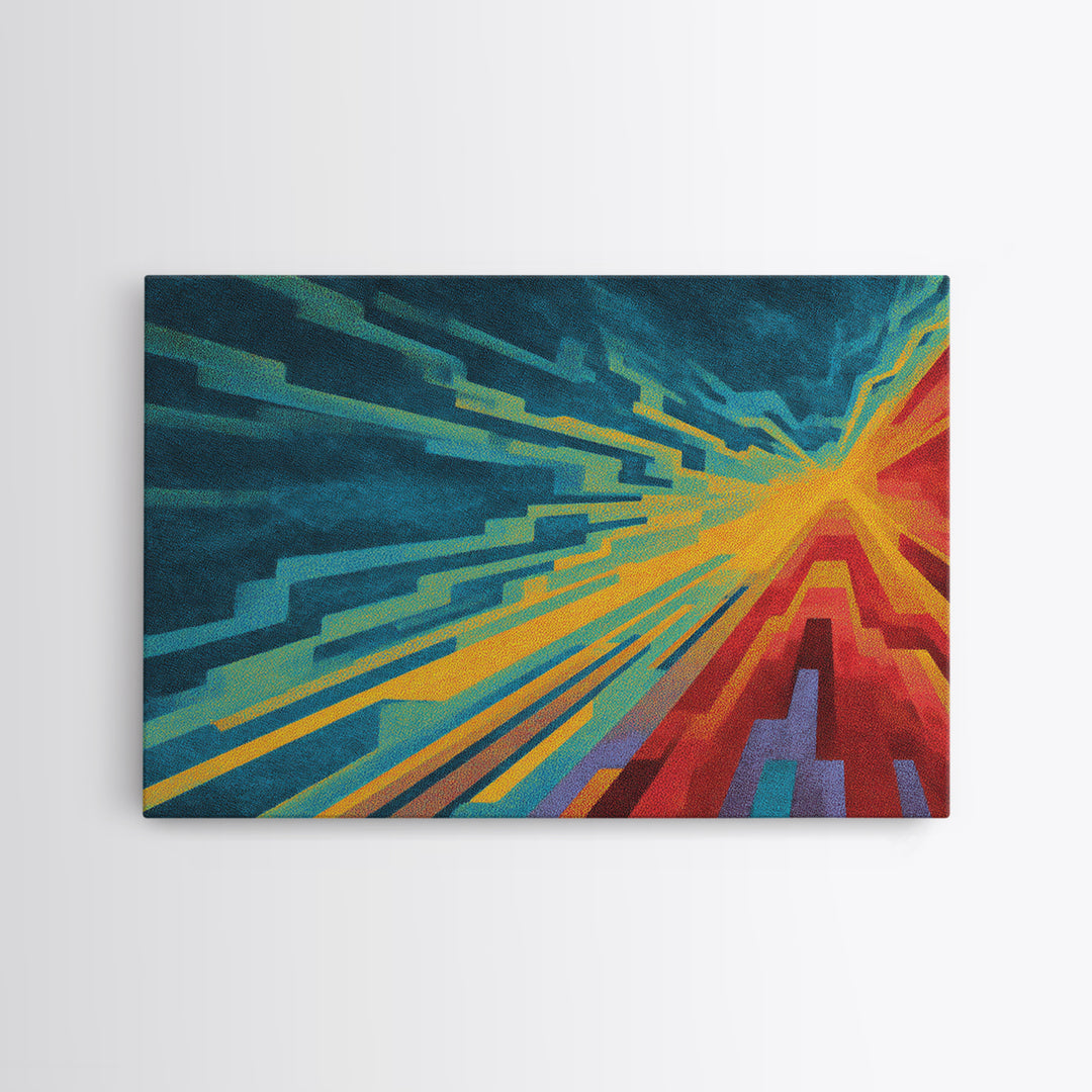 Neon Geometric Speed Lines In Teal Orange, Canvas Print, Abstract Wall Art, Modern Digital Art Poster For Gaming Room Decor