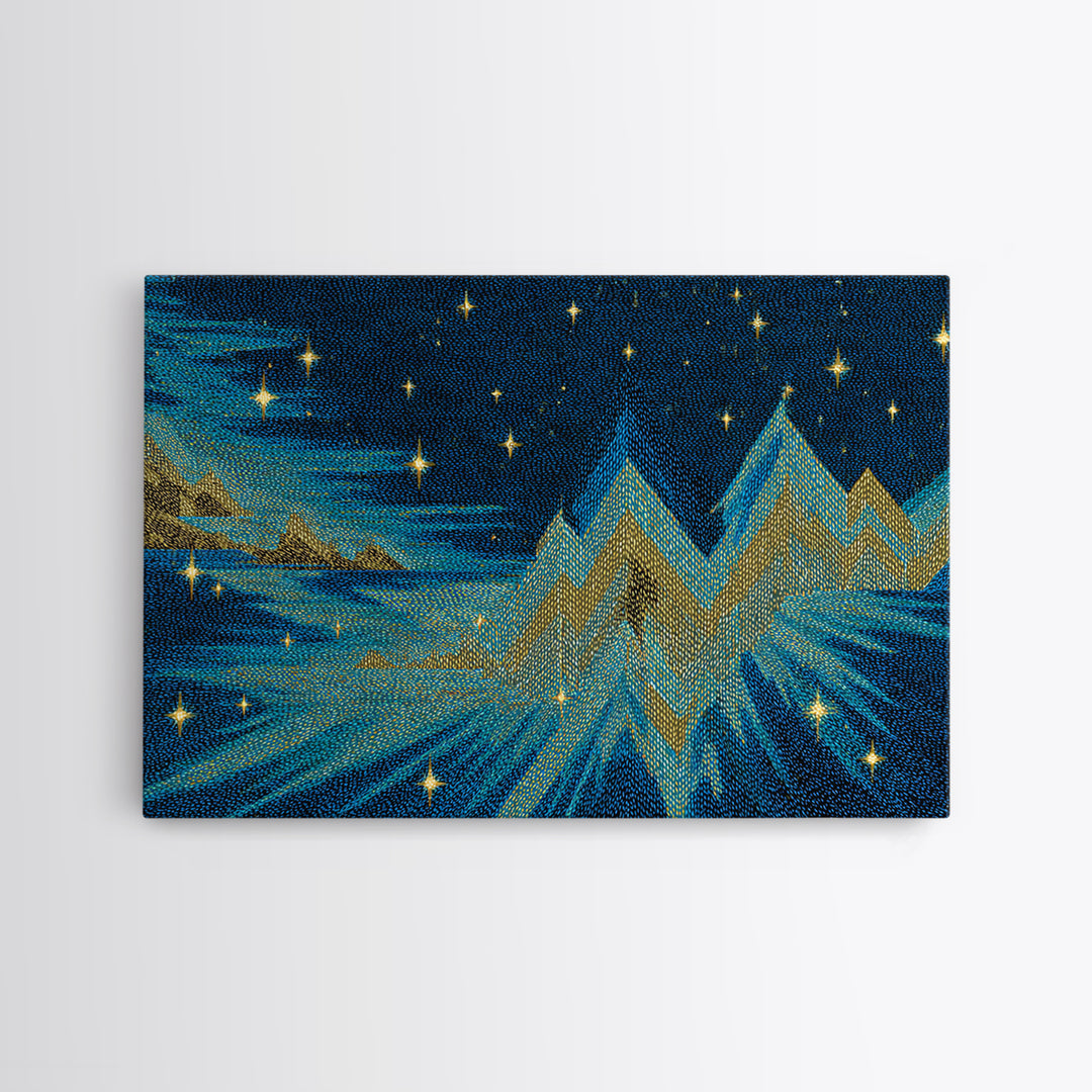 Starry Turquoise Mountains With Golden Peaks, Framed Canvas Print, Cosmic Retro Wall Art, Modern Abstract Decor For Living Room