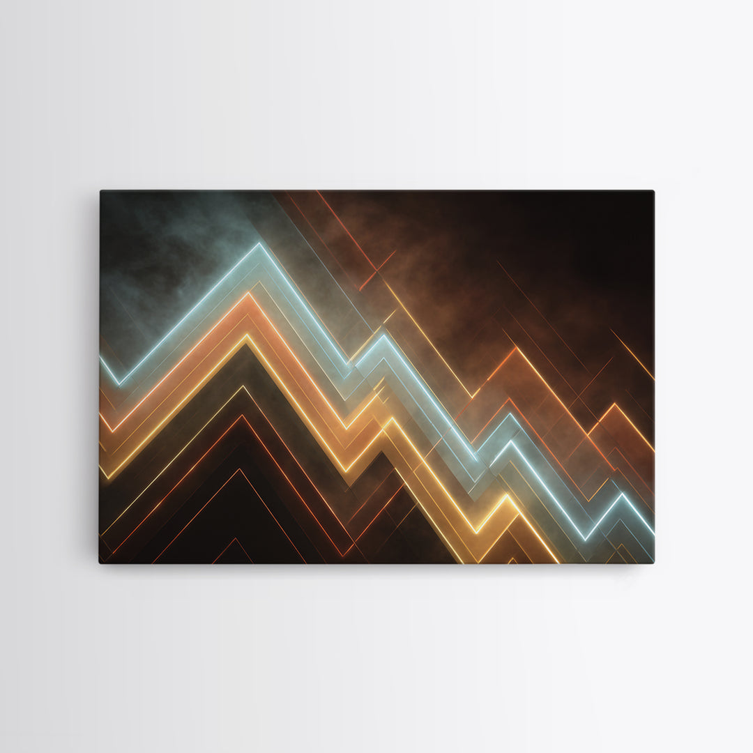 Glowing Neon Chevron Lines In Smoky Dark, Canvas Print, Geometric Wall Art, Modern Abstract Poster For Office Or Game Room