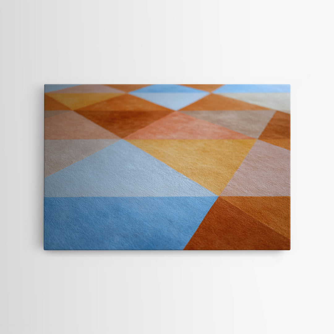 Rust Blue Ochre Triangle Pattern Wall Art, Midcentury Modern Geometric Art Print, Abstract Home Office Decor, Large Canvas Print