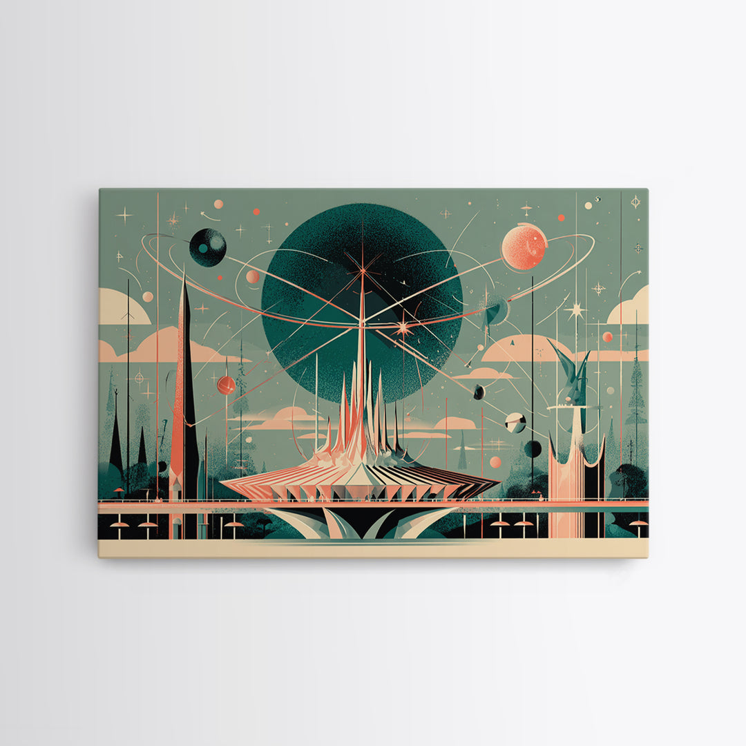 Atomic Futurist Pavilion Canvas Print, Midcentury Modern Wall Art, Retro Space Age Decor, Geometric MCM Architecture Poster