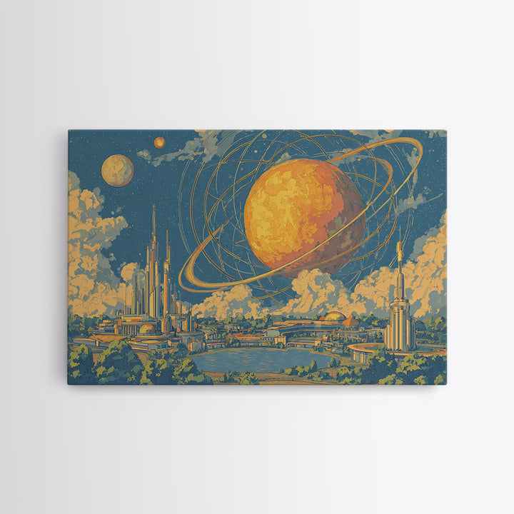 Ringed Planet Futurist City Wall Art, Midcentury Modern Sci Fi Poster, Retro Space Age Decor, Atomic Skyline Canvas Print