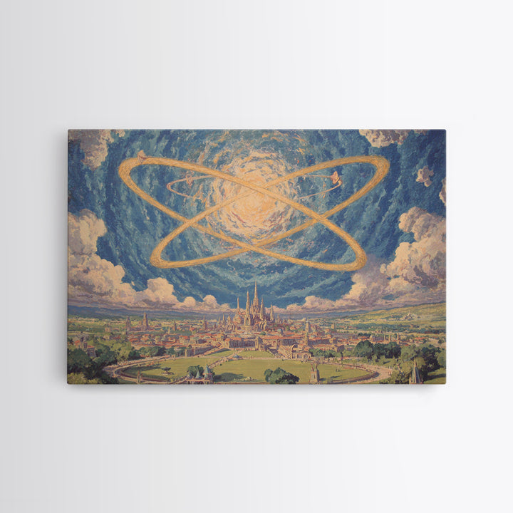 Glowing Atomic Rings Over Utopian City Wall Art, Retro Futurist Landscape Print, Midcentury Modern Sci Fi MCM Decor Poster