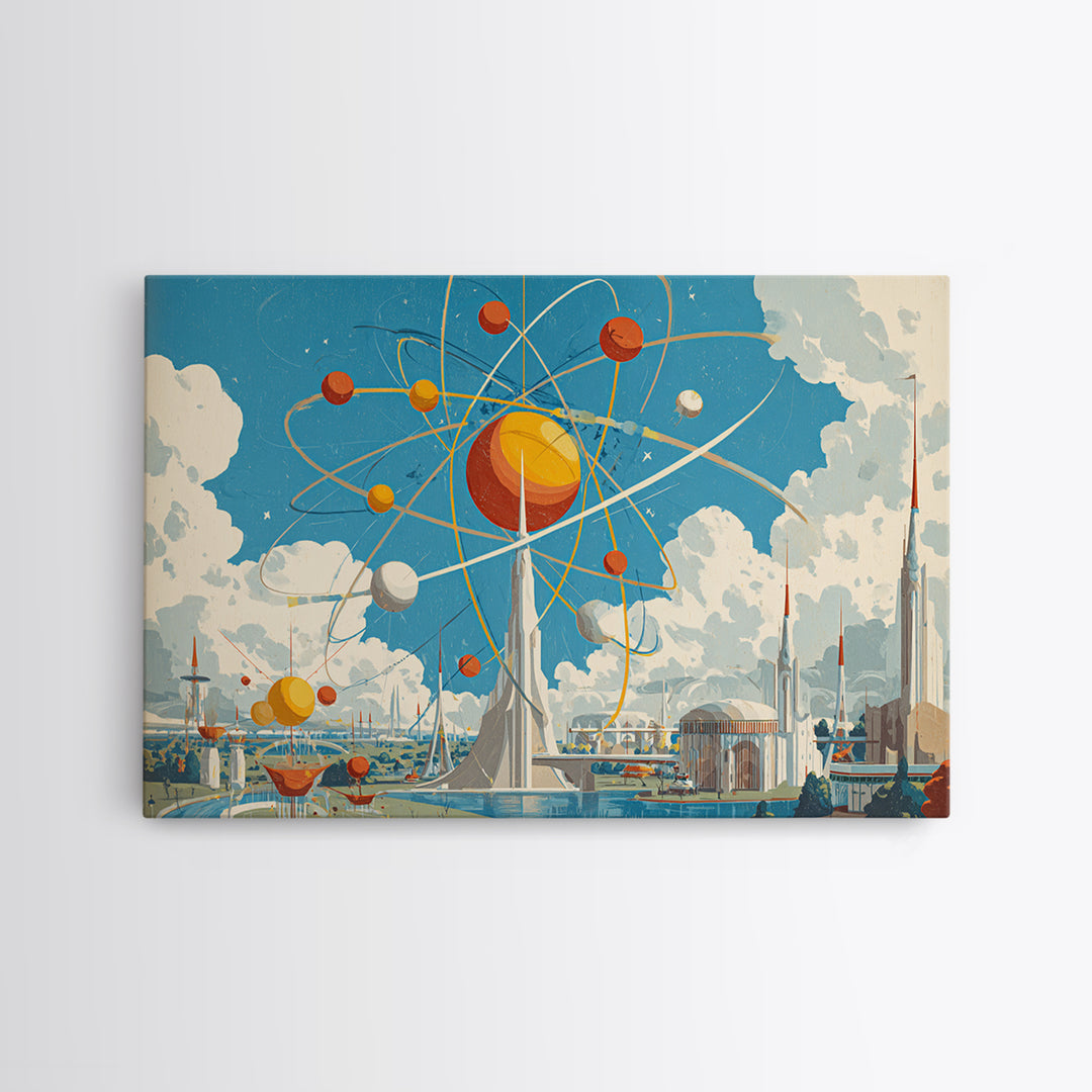 Atomic Solar System Skyline Framed Canvas Print, Midcentury Modern Sci Fi Wall Art, Retro Space Age MCM City Decor Poster