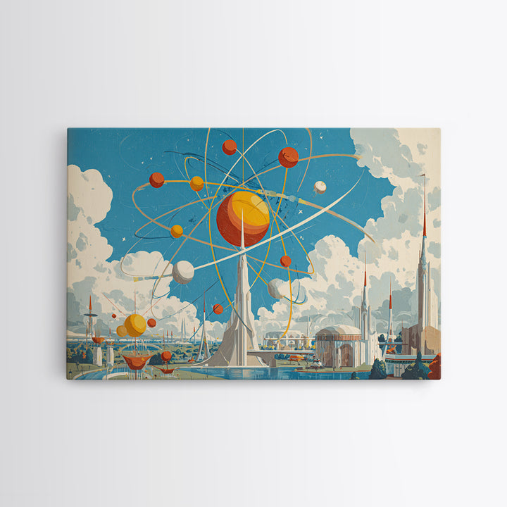 Atomic Solar System Skyline Framed Canvas Print, Midcentury Modern Sci Fi Wall Art, Retro Space Age MCM City Decor Poster