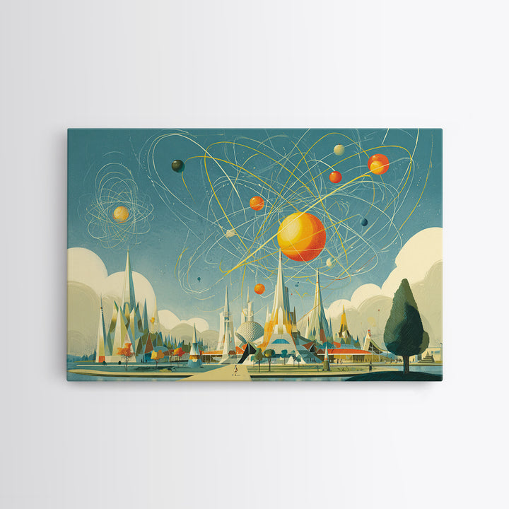 Midcentury Atomic Expo Skyline Wall Art, Retro Futurist Geometric Poster, Modern Space Age MCM Living Room Decor, Canvas Print